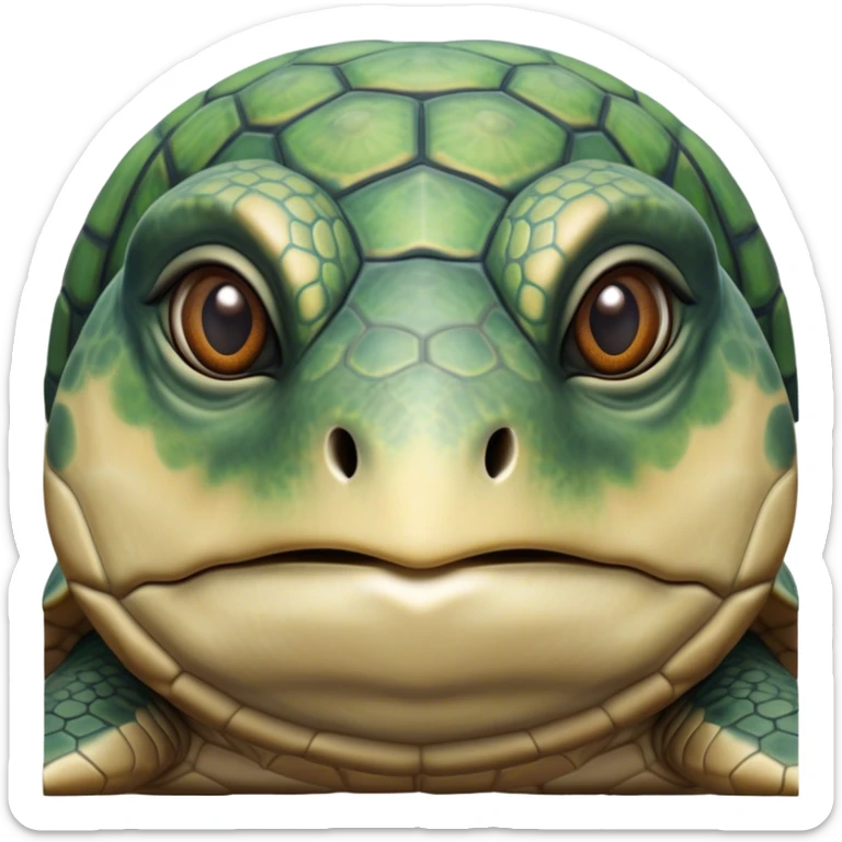 Cinematic Realistic Noble Sea Turtle Portrait Emoji, Poised and dignified, with a robust, time-worn shell intricately patterned in earthy tones and a weathered, wise face with deep, observant eyes, rendered with lifelike texture and natural, diffused light; high shine, intelligent and serene, styled with an air of oceanic majesty, focused and attentive, soft glowing outline, capturing the essence of a watchful and confident sea turtle that appears to glide out of the screen with timeless authority! sticker