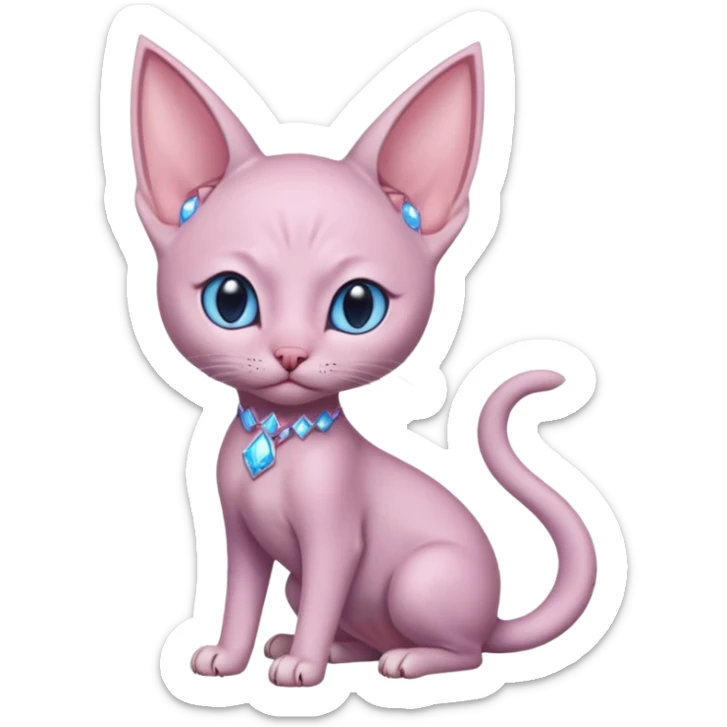 Full body of Light purple hairless cat like  body, pink gem middle of forehead, big pointy ears, blue inside ears, ear like flaps coming out of both cheeks, end of tail split in two (full body) sticker