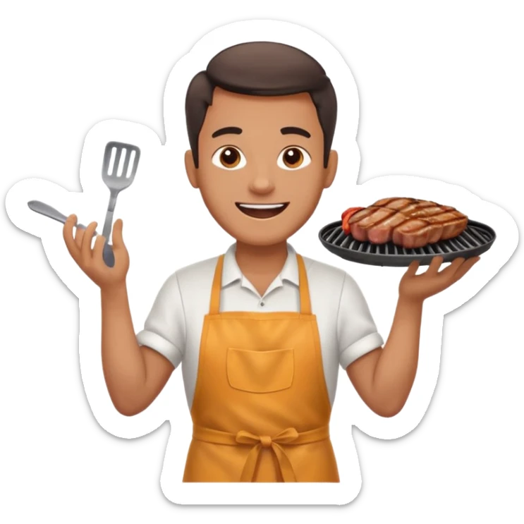 A cheerful man in an apron flipping meat on a sizzling grill with smoke puffing upward. sticker