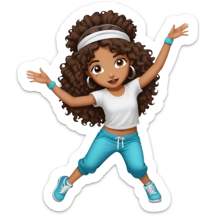 Dancing brown girl with long darn brown curly hair with headband hip hop sticker