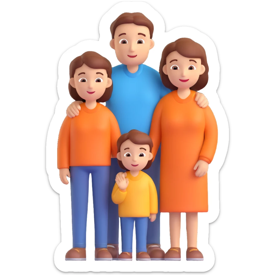 3D icon of a family: one parent and two children, standing close, warm and welcoming sticker