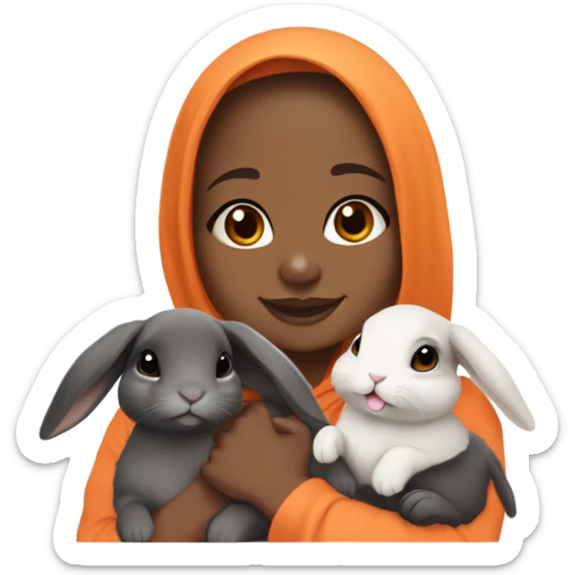 Black Muslim girl and her 3 cute orange, gray, and mix colored holland lop bunnies sticker