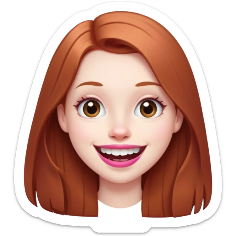 Young girl with pale skin, longer face, full pink lips smiling with big teeth, very long straight auburn hair (lighter ginger, not bright red), big brown eyes, extra large nose, big mouth, slightly asymmetrical features, less conventionally pretty sticker