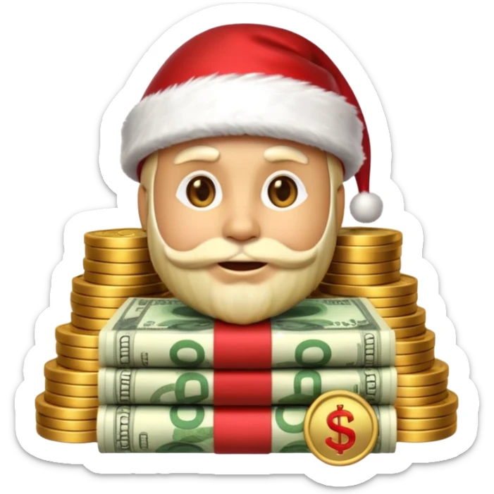 A confident rich emoji face wearing a Santa hat, money stacks, casino vibe, New Year theme, premium 3D emoji style, sharp details, no text, isolated on transparent background sticker
