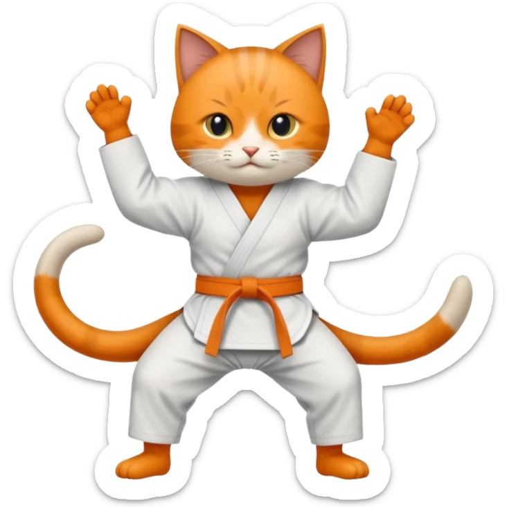 Katze im Judoanzug mit schwarzem Gürtel beim Kämpfen mit ausgestrecktem Bein sticker