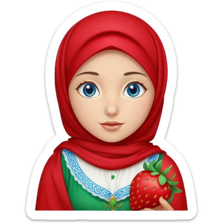 Turkish beautiful finish Konya girl blue eyes with red light green hijab islamic dress and had on her hand strawberry  sticker