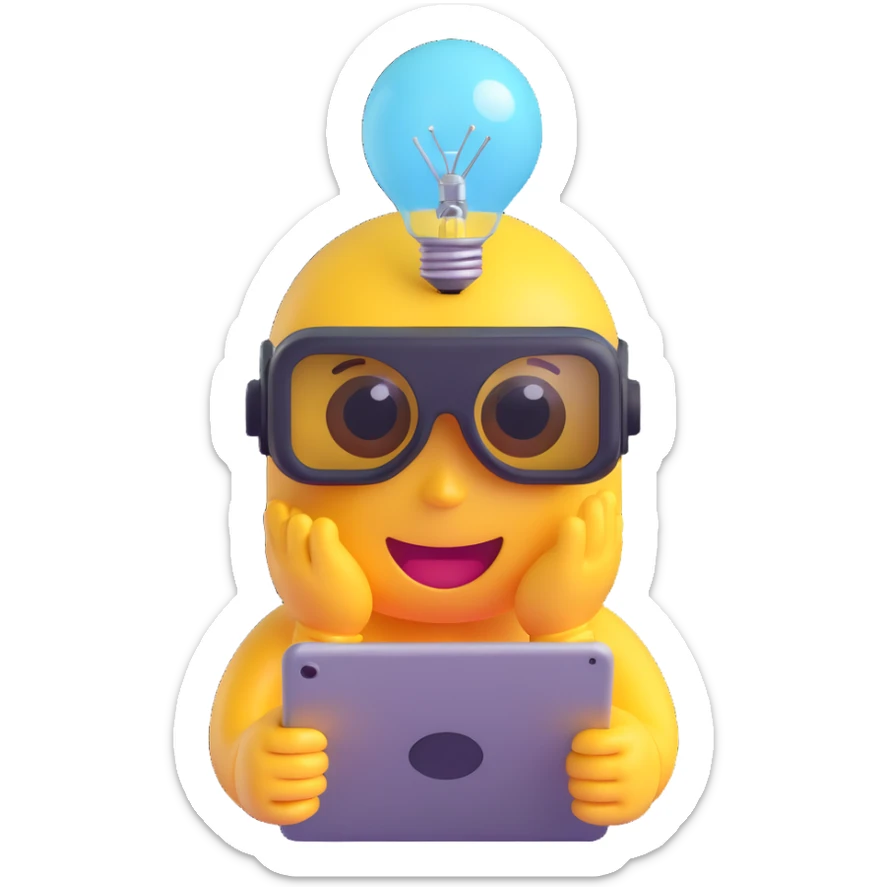 3D glossy emoji of a curious character with VR goggles, holding a digital tablet, lightbulb above head, modern minimal style, expressive eyes sticker