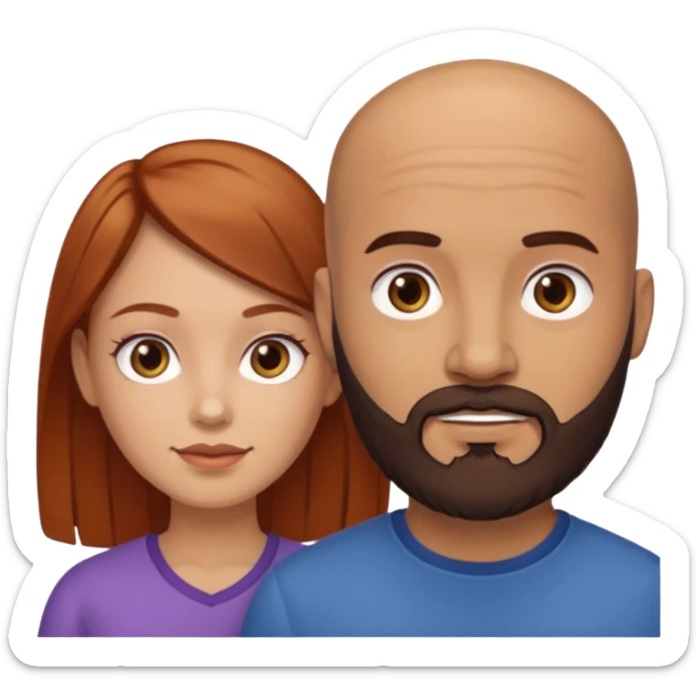 Couple. A bald man with dark brown beard and a girl with light skin. She is a redhead and has dark yellow brown auburn hair. Different skincolor. She has very light skin. sticker