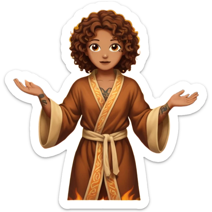 Sexy brown eyes, brown curly hair, white ethnicity with tattoo, mystic vibe, dancing in the fire in the night  sticker