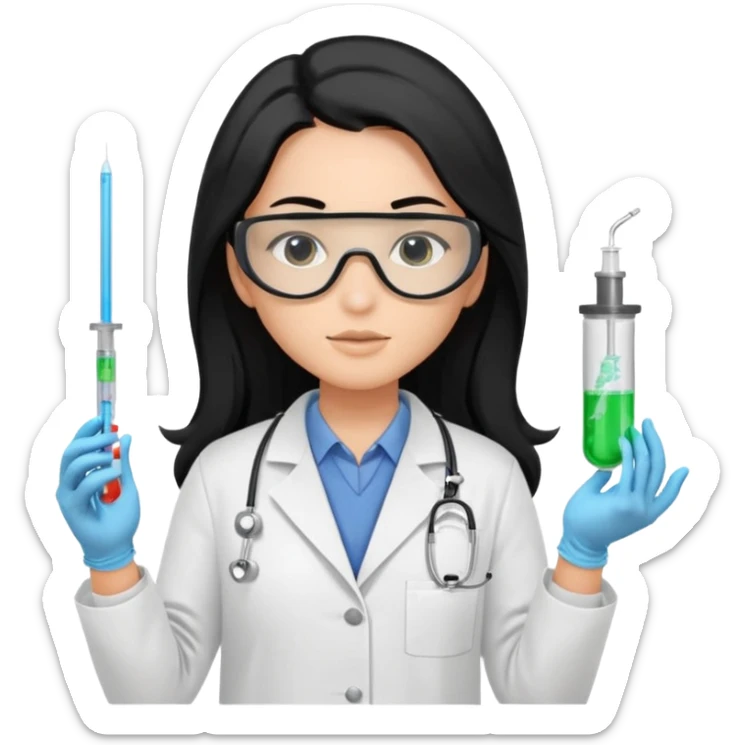 laboratorista con guantes  y mascarilla e insumos laboratorio  jeringa tubos  pelo negro largo triguella sticker