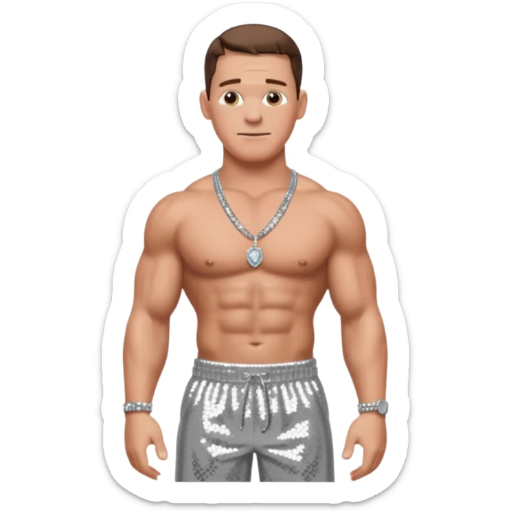 John Cena with silver sequin baggy pants, shirtless with necklace, brown hair sticker