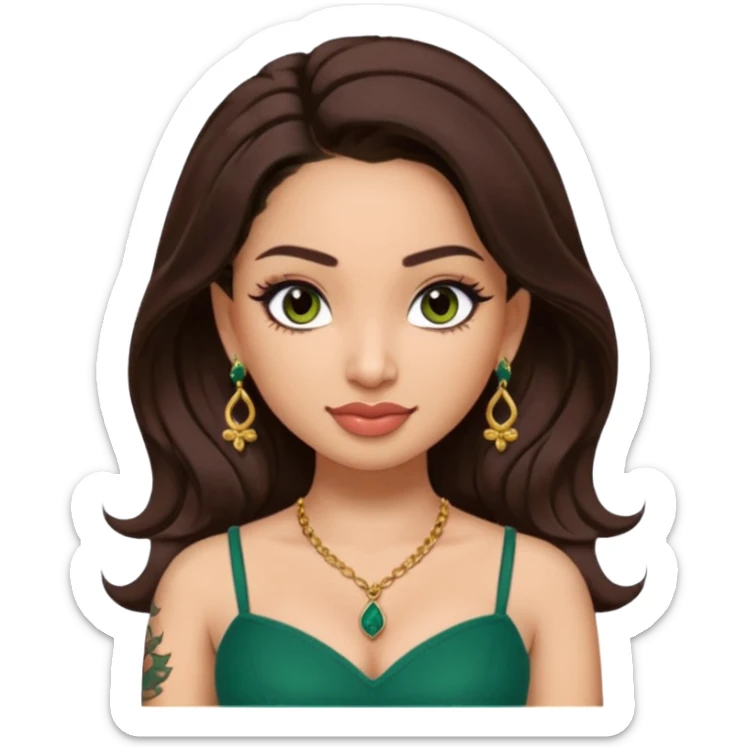pretty bratz genmoji that looks like tamannah bhatia (bollywood actress), wearing a dark green sweetheart neckline top, dark brown hair, light makeup, no necklace, dangly earrings, side hair part, dark brown eyes, with tattoos sticker