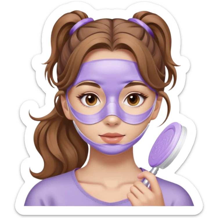 girl with wavy light brown hair in ponytail applying lilac face mask skincare sticker