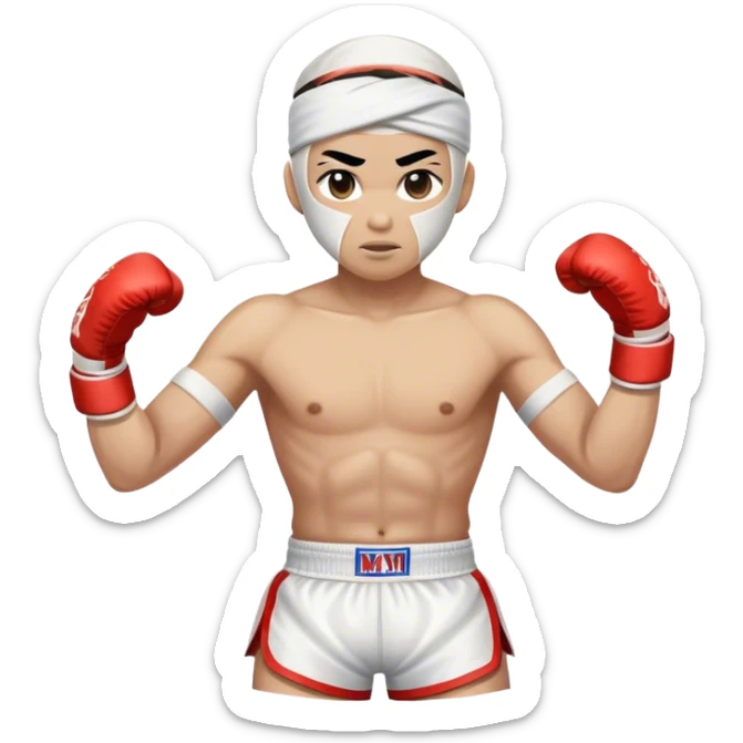 ​Cinematic Realistic Traditional Muay Thai Fighter such as Buakaw Banchamek, depicted in authentic attire featuring white bandaged gloves wrapped around his fists, a traditional headband tied neatly, and classic Muay Thai shorts, captured in a dynamic fighting stance under dramatic, high-energy lighting that highlights the raw power and elegance of the art, sticker