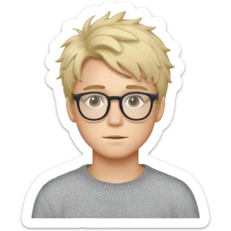 Twink with blonde messy hair and glasses, white skin and a grey sweater sticker