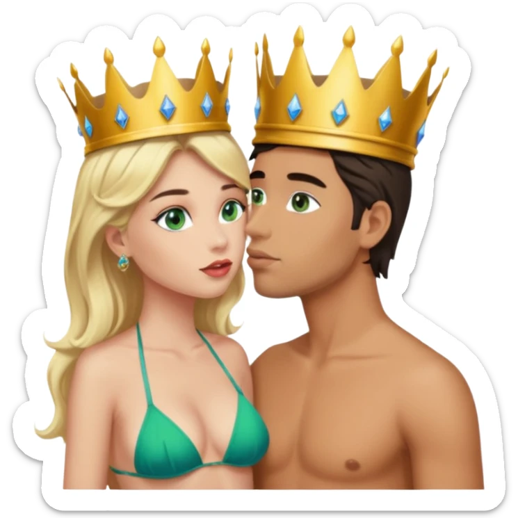 Blonde Queen Green eyes with crown in Bikini kissing Male subject dark Hair blue eyes sticker