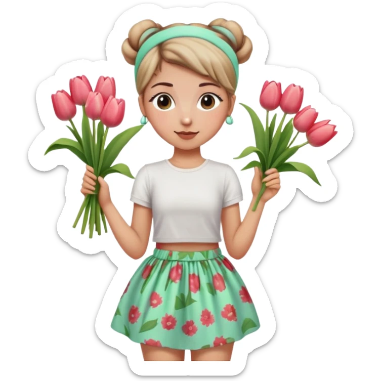 A girl with a messy bun, a mint green headband, and a floral print skirt, holding a bunch of tulips. sticker