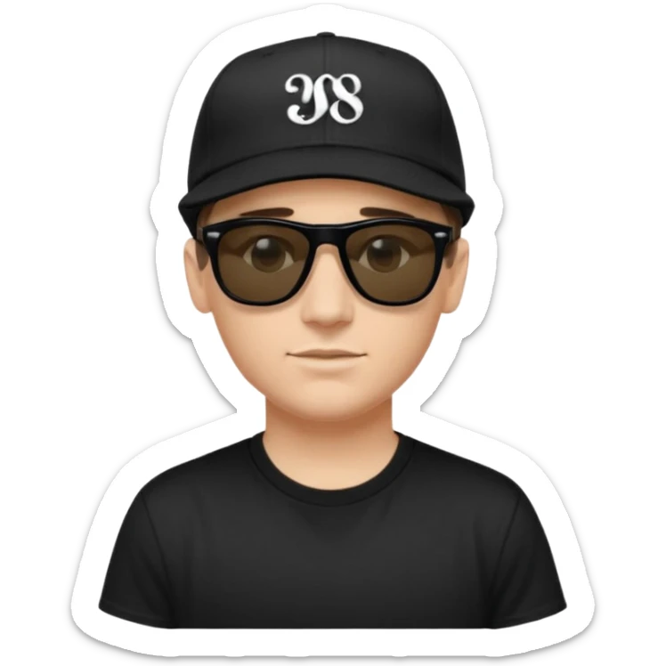 Emoji of a white man with short dark brown hair under a black baseball cap, wearing a black t‑shirt and 1980s‑style black Ray‑Ban rectangle sunglasses black lenses, with black musical notes floating around his head,  sticker