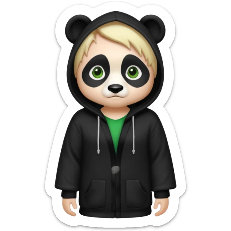 A white man with green eyes, medium-length blond hair, wearing a panda hoodie and black pajama-like robes. sticker