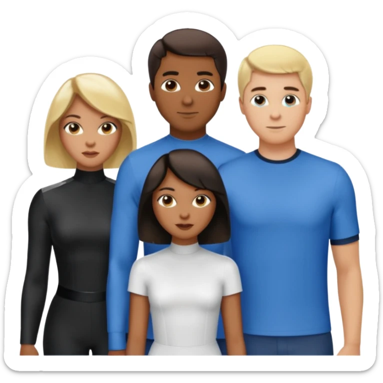 3 Friends standing side by side, charlie's angels style: 1 black woman with a short flat pressed bob, 1 hispanic man with a thin nose and long hair, and 1 white guy with blue eyes and a short brown-blonde haircut sticker