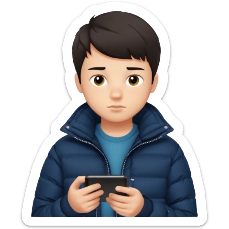 A teenage boy with short dark hair, fair skin, and some acne. He’s wearing a dark puffer jacket and looking at a phone or mirror with a neutral expression. Indoors with natural light. sticker