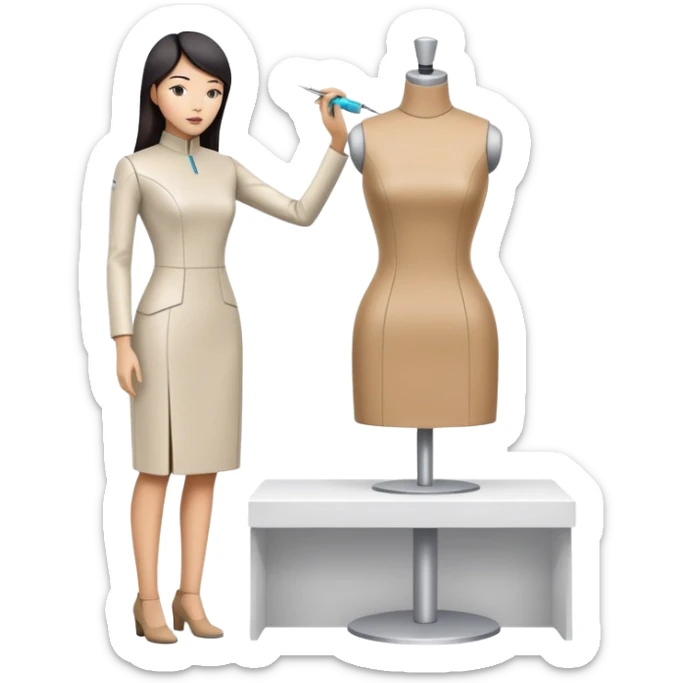 asian female clothing designer, designing futuristic clothing on a headless mannequin sticker