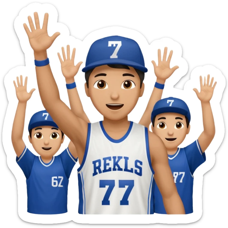 Maverick Trevillian in the crowd at an amateur basketball game. He leans towards the camera and enthusiastically shouts "six seven while performing a distinctive hand gesture: both hands open, palms facing upward, moving up and down as if weighing two options. sticker
