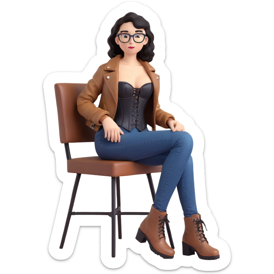3D animated drawing of a slim, light-skinned woman with wavy black hair and square-shaped glasses, wearing a black corset dress with a brown leather jacket, blue jeans, and brown ankle boots, sitting casually sticker