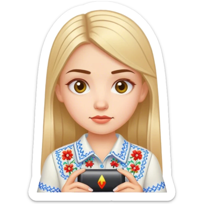 A Ukrainian girl in an embroidered shirt holds a battery sticker