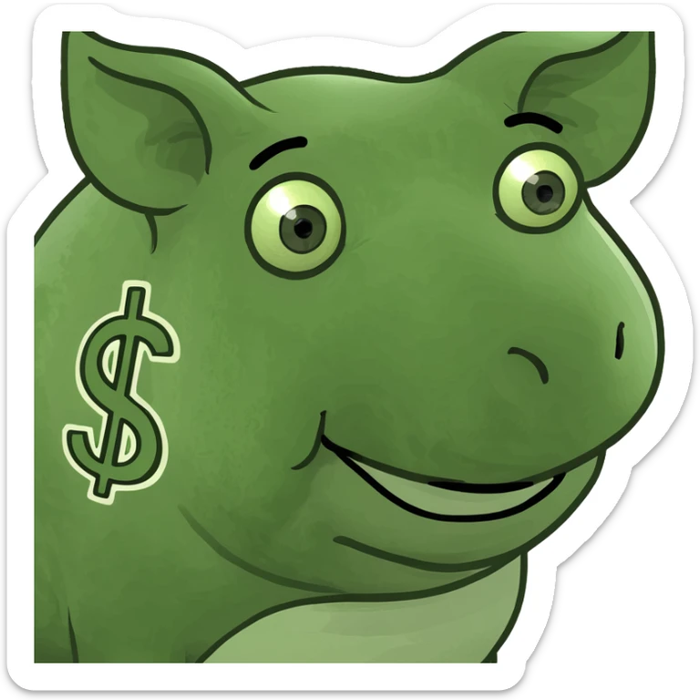 cartoon pig with dollar signs in its eyes and cash in its hooves, inspired by the 'paypig' meme sticker
