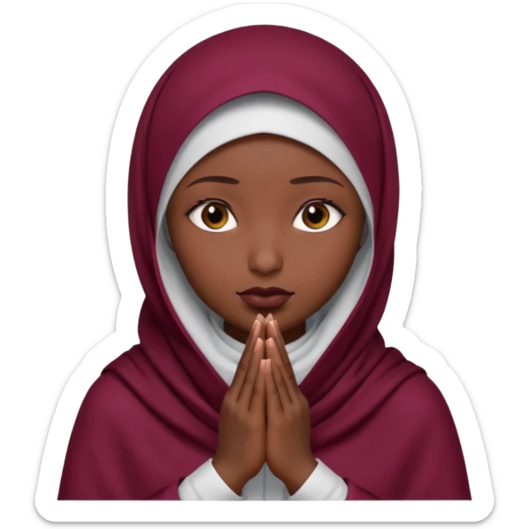 darkskin muslim black woman praying with burgundy hijab hyper realistic face, islamic prayer position  sticker