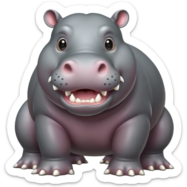 cinematic-hippo-realistic-full-body-side-view-standing-on-all-fours-emoji,-massive-round-frame,-wide-mouthed-grin-exposing-huge-teeth,-head-tilted-dramatically,-thick-grey-hide-glossy, big eues sticker