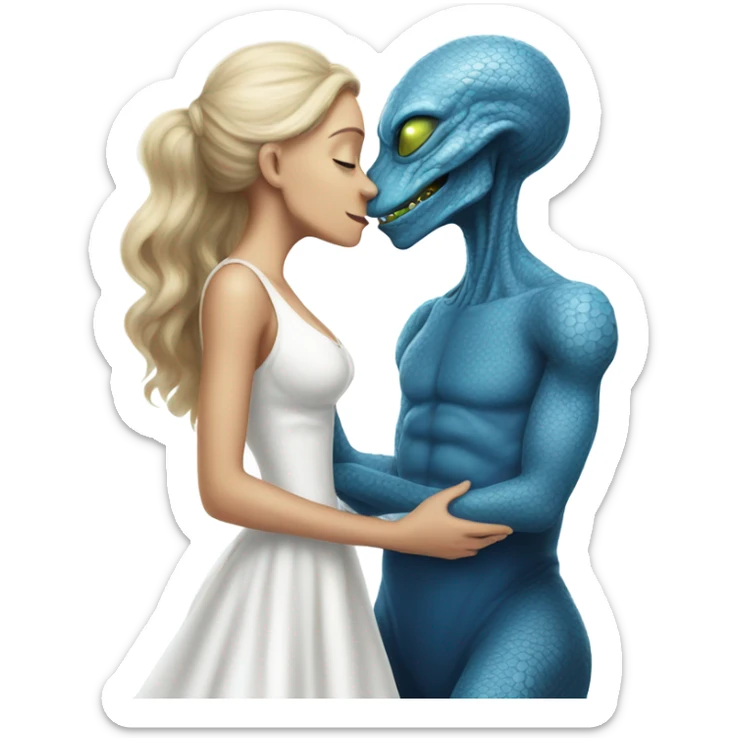 White man in blue dress hugs and kissing Alien reptilian woman in white dress  sticker