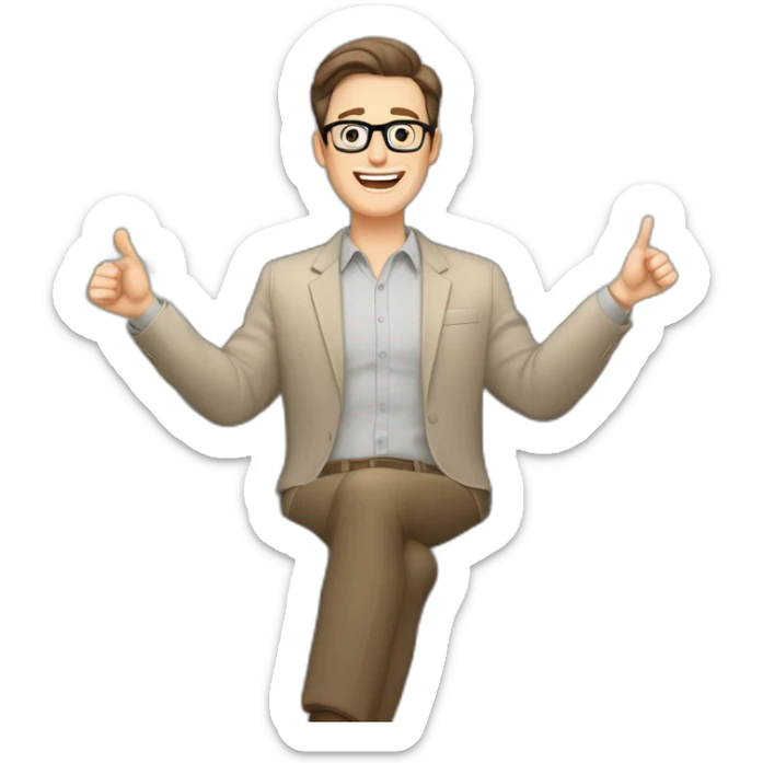 Joyful Celebrating victory Hands up Pale skinned Fit Man With dark brown hair in gray jacket, beige office shirt, Brown pants and vintage glasses sitting In a soft chair sticker