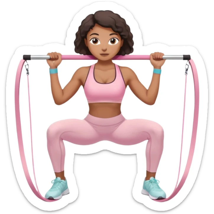 Mixed-race athletic woman with bronzed skin, pastel pink sports bra and white leggings, doing squats with resistance band sticker