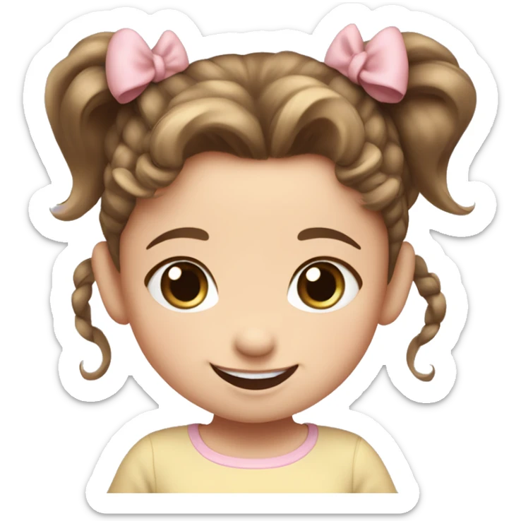 A toddler girl with 2 tiny pig tails on top of her hair with tiny bows, fair skin, blue eyes, brown hair, smiling, wearing a pastel shirt sticker