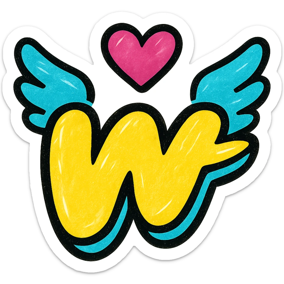 juicy, color-rich Wattpad logo 'w' with bold outline, stylized shadows and highlights, decorated with a pair of colorful wings and a heart above the logo, no background sticker