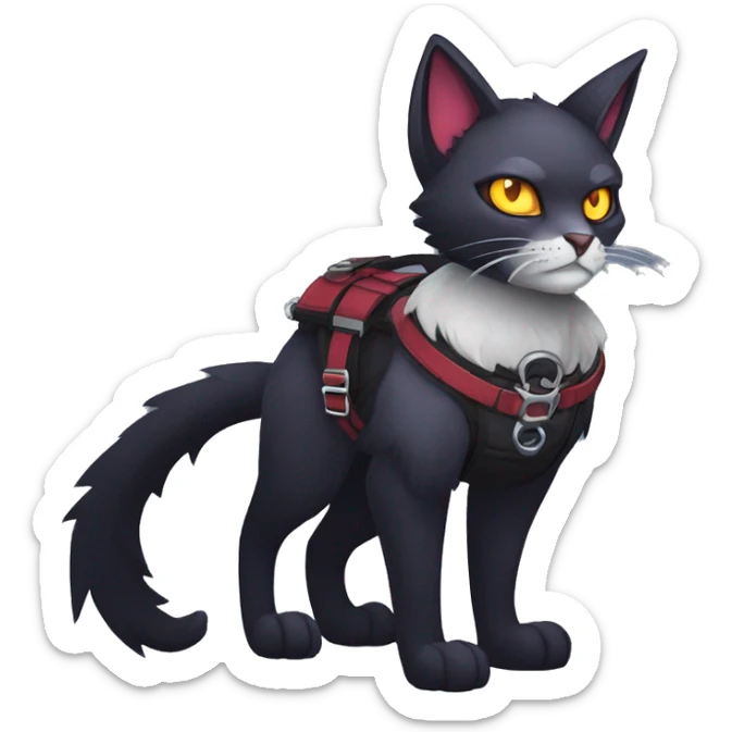 cool edgy fantasy dark-shadow-themed animal vampiric cat hybrid Fakemon  with a harness and collar full body sticker