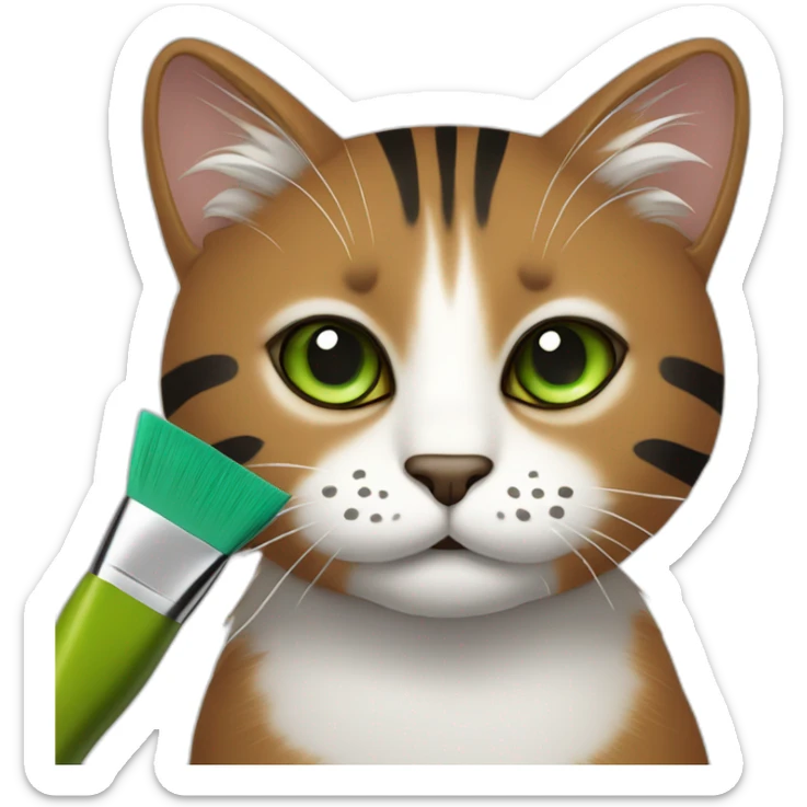 Brown cat with black stripes and white mustache and the contour of the white mouth and green eyes with a brush pencil sticker
