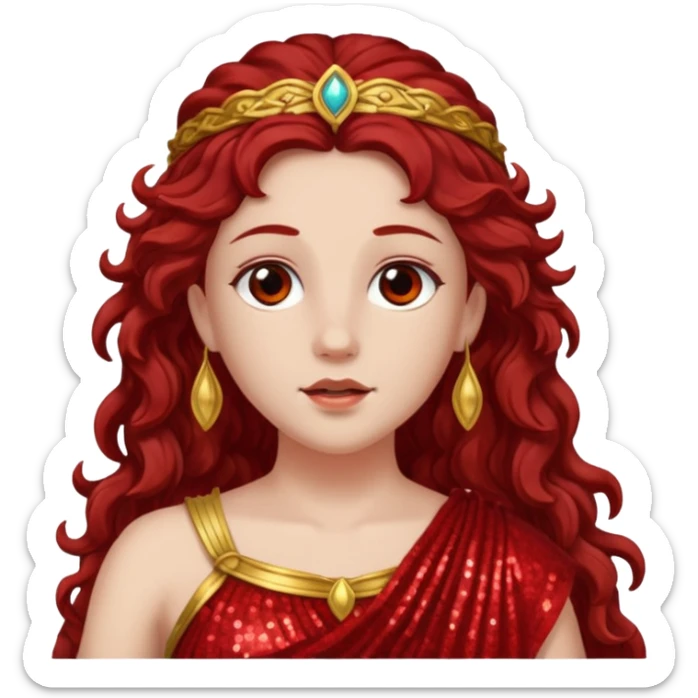 Vesta, Goddess of Hearth from Roman Deities with long dark red wavy hair, red sequin toga  sticker