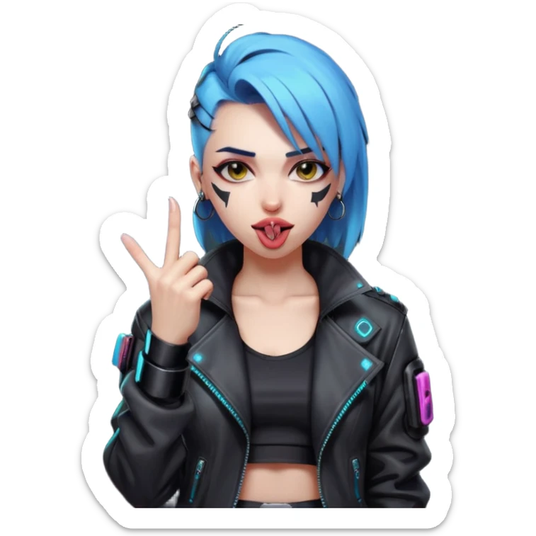 Woman with her tongue out in cyberpunk clothing and giving the middle finger. Looking naughty. sticker