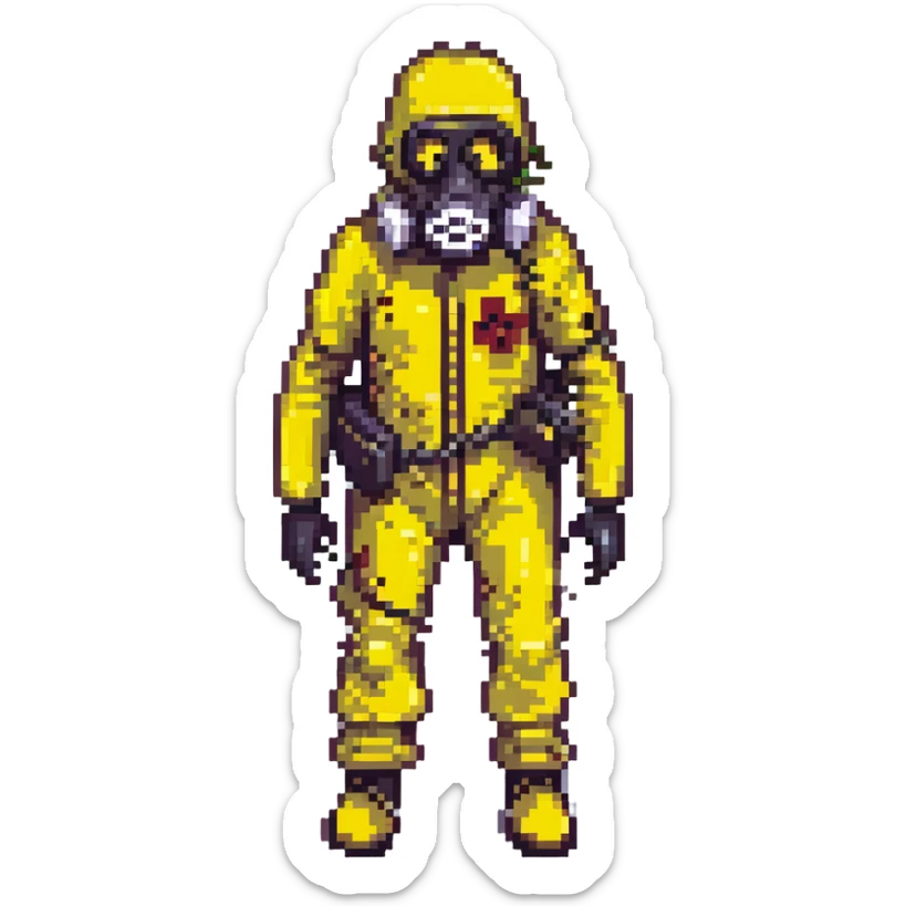 a zombie from the game DAYZ wearing a yellow hazmat suit with a black gasmask sticker