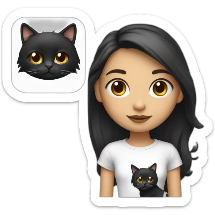 Une fille blanche au chexveux noir et long avec un t-shirt de chat sticker