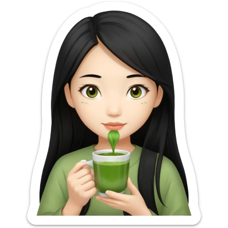 make an asian girl with long hair that loves matcha (in a cup not glasses) sticker