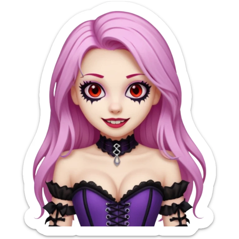 pretty scary girl, long straight LIGHT pink HAIR,SCARY RED eyes, black eyeliner, pale skin, purple corset clothes with laces, AND WITH A GRIN SMILE  sticker