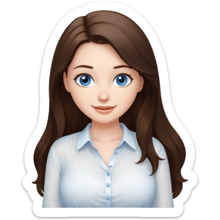 sexy woman brunette, very large breasts, pale skin, blue eyes, long brown hair, white blouse, short black skirt. office.  sticker