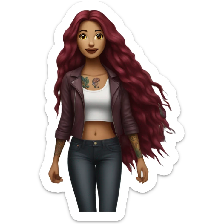 Beautiful tattooed  burgundy long haired woman crossing the street sticker