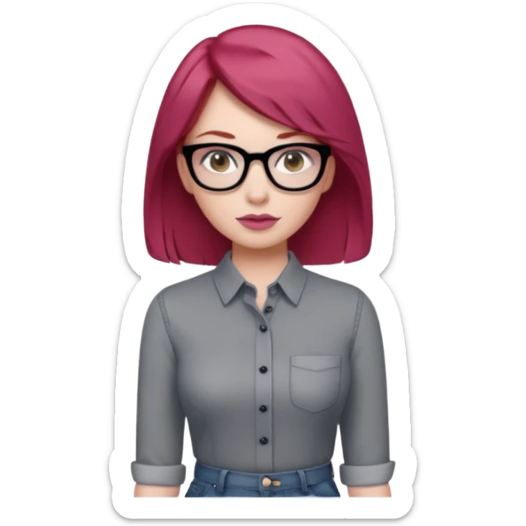 A girl with red hair, slightly past her shoulders, white skin, dark brown eyes, pink lips, and a skinny figure. She's wearing a gray blouse and oxford jeans, with black glasses. sticker
