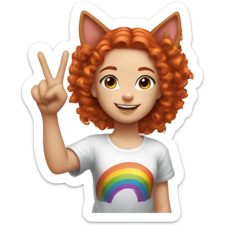 a white girl with long red curly hair in a pony tail with rainbow shirt does peace sign wearing cat ears one black other white sticker