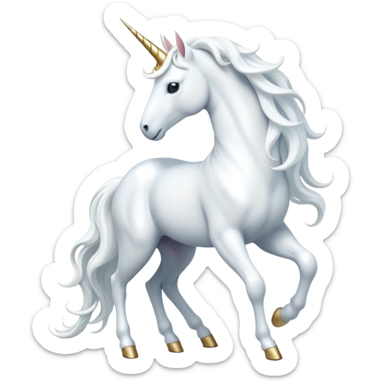 cinematic-beautiful-white-unicorn-full body-emoji,-poised-and-regal,-with-a-slender,-ethereal-form-draped-in-a-pristine-white-color,-a-flowing-mane-and-tail,-and-a-glistening,-spiraled-horn-that-radiates-pure-light,-simplified-yet-sharp-and-majestic, zoomed out to show a majestic unicorn sticker